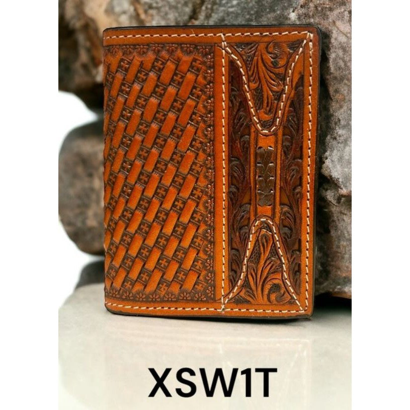 Twisted X - Trifold with Basketweave Tooling Rawhide Weaving Filigree