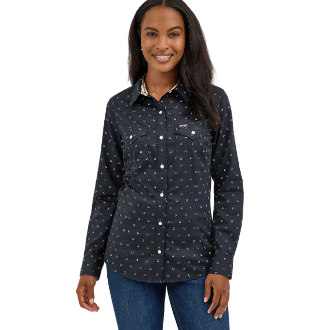 Wrangler Women's Long Sleeve All Occasion Snap Shirt - Horseshoe Black