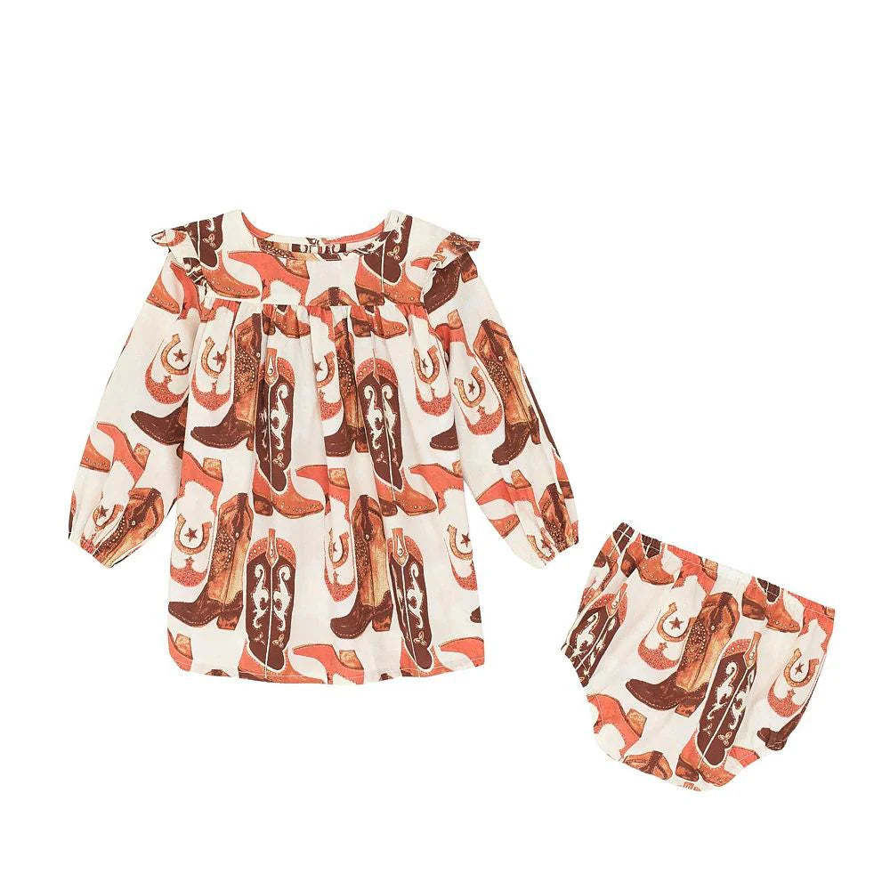 Wrangler Long Sleeve Baby Girl Western Print Dress - Cream 2 piece set