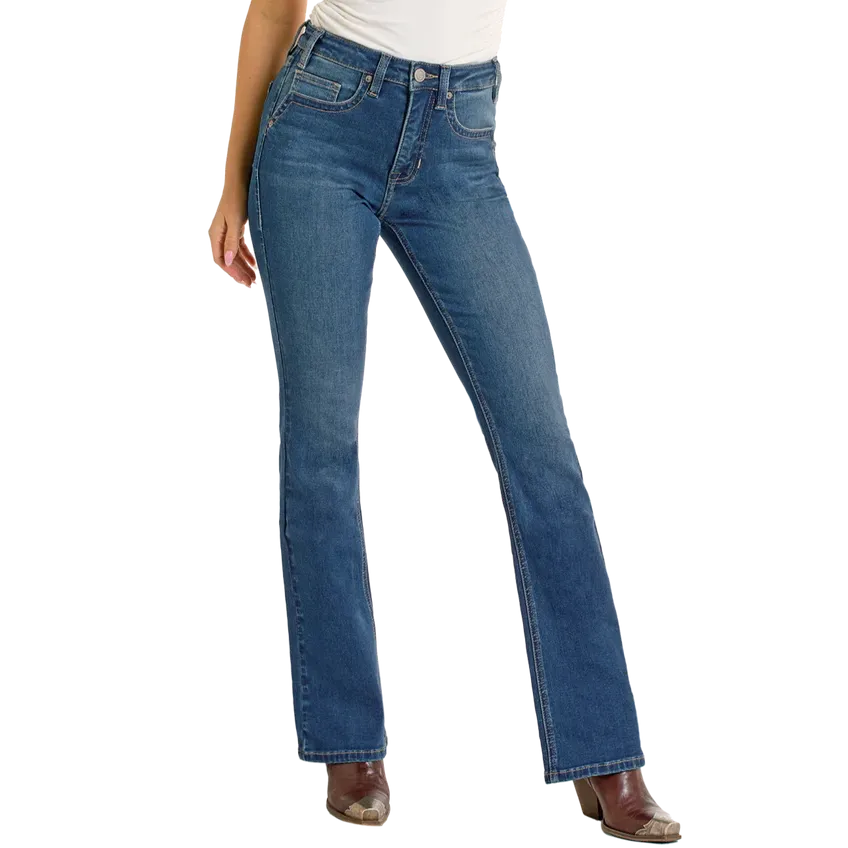 Rock & Roll Women's Two Tone High Rise Boot Cut Jean- Medium Wash