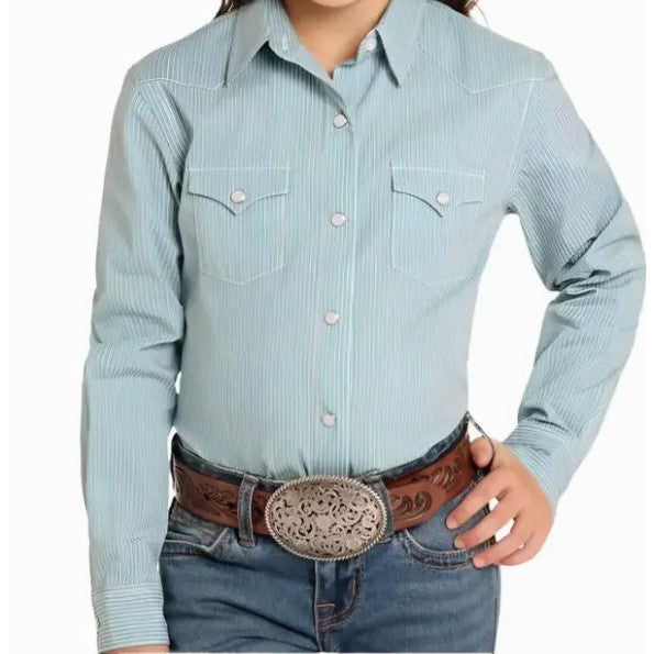 Panhandle Girl's Long Sleeve Stripe Shirt- Turquoise