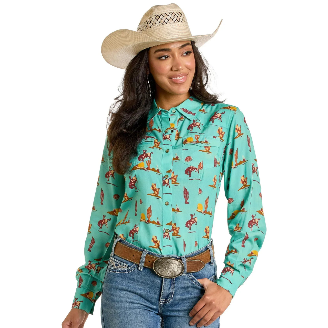 Rock & Roll Women's Long Sleeve Printed Retro Snap Shirt- Turquoise
