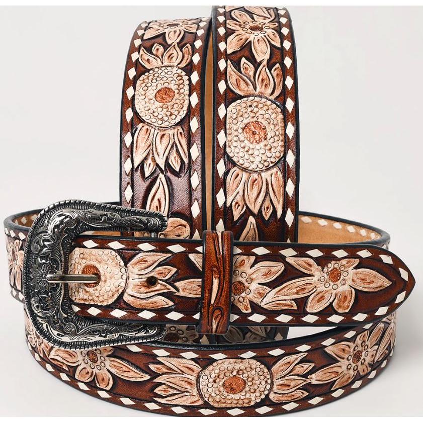 American Darling Unisex Sunflower with White Border Tooled Leather Belt