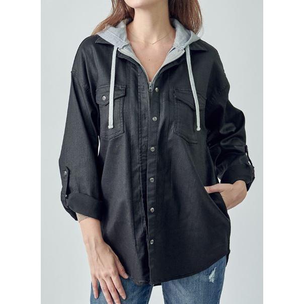 Risen Women's Long Sleeve Coated Jacket with Zip Up Hoodie- Black