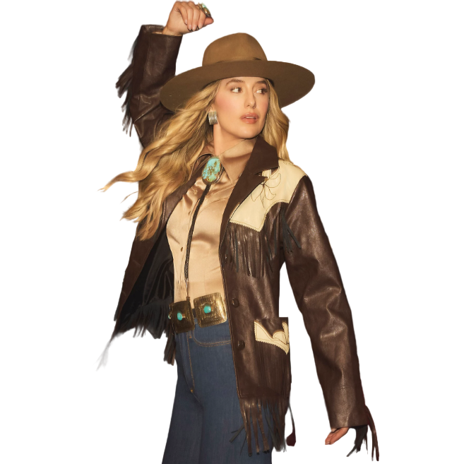Wrangler Women's Lainey Wilson Faux Leather Fringe Jacket- Brown