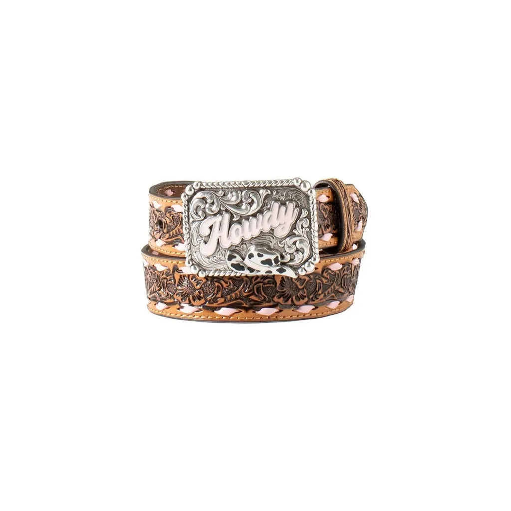 Angel Ranch Girl's Howdy 1 1/4 Floral Buck Lacing Belt- Light Pink - Irvine Tack & Western Wear
