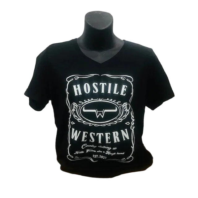 Hostile Western Women's Short Sleeve V Neck Tee Shirt- Black