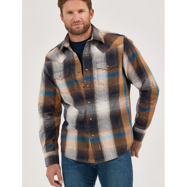 Wrangler Men's Retro Premium Long Sleeve Plaid Shirt- Bold Brown