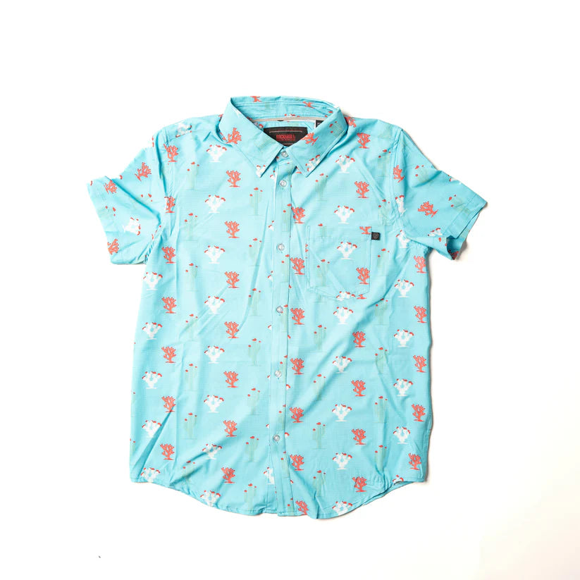 Rock & Roll Boy's Short Sleeve Single Pocket Tek Button Shirt- Turquoise