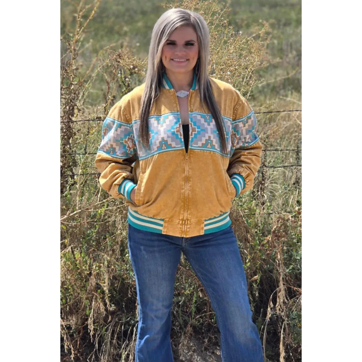 Sterling Kreek Women's Long Sleeve Fresh Outta the 90's Bomber Jacket- Mustard