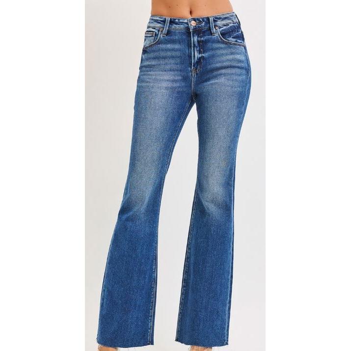 Risen Women's High Rise Flare Raw Hem Jeans- Dark Wash