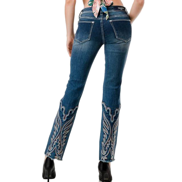 Grace in LA Women's Straight Leg Embroidery Jeans - Dark Wash