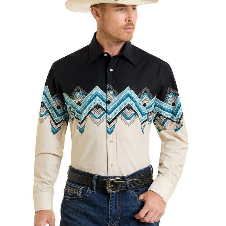 Panhandle Men's Long Sleeve Southwest Border Shirt-Natural