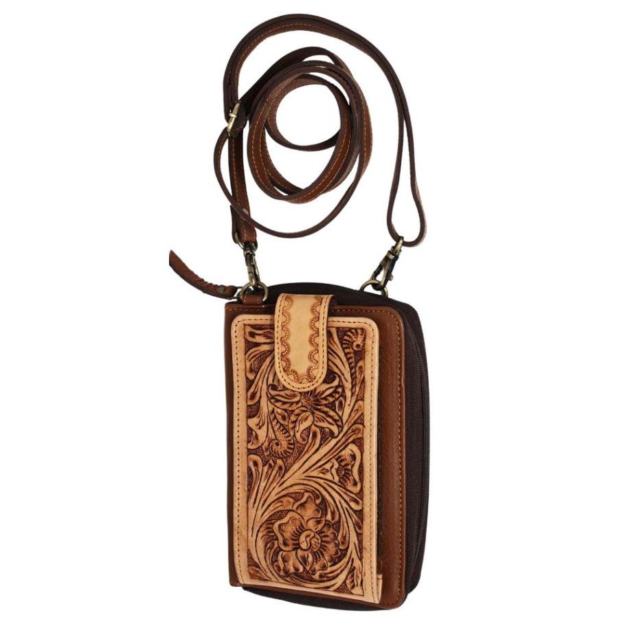 Western Women's Floral Tooled Pebbled Leather Sling Crossbody Bag- Brown