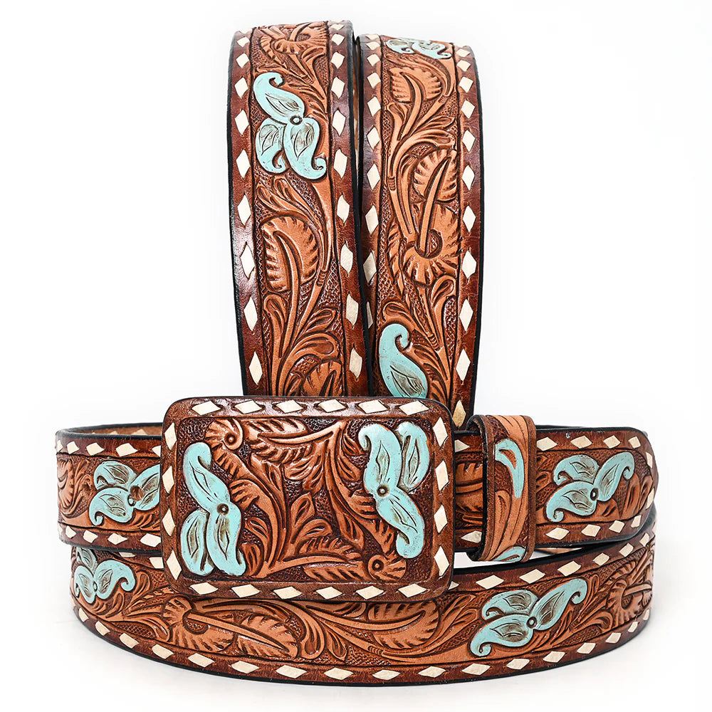 American Darling Handtooled Belt with Turquoise Accents and Floral Buckle-