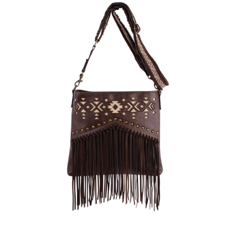 Justin Women's Crossbody with Tan Aztec Inlay and Fringe- Brown