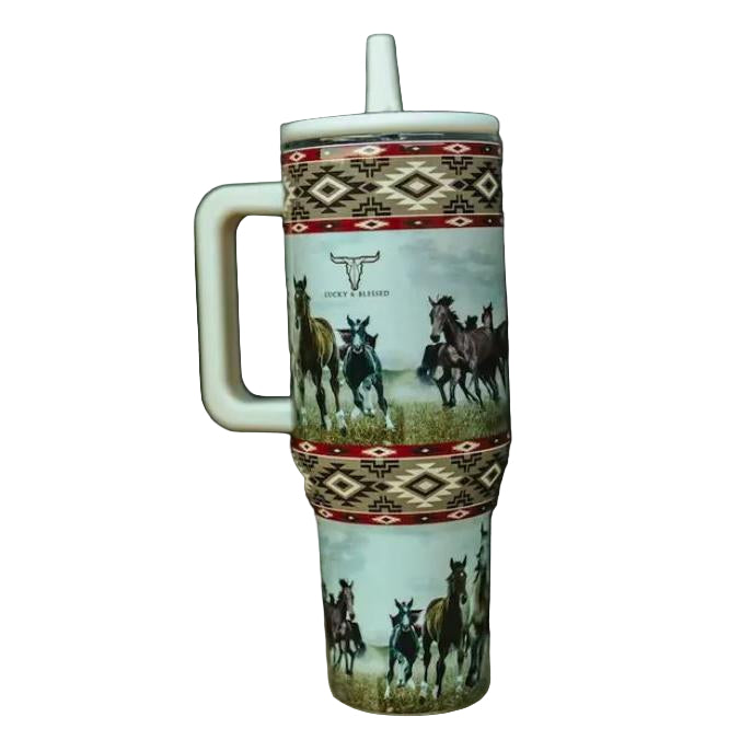 Tumblers with Handle and Flip Straw- Aztec Running Horse