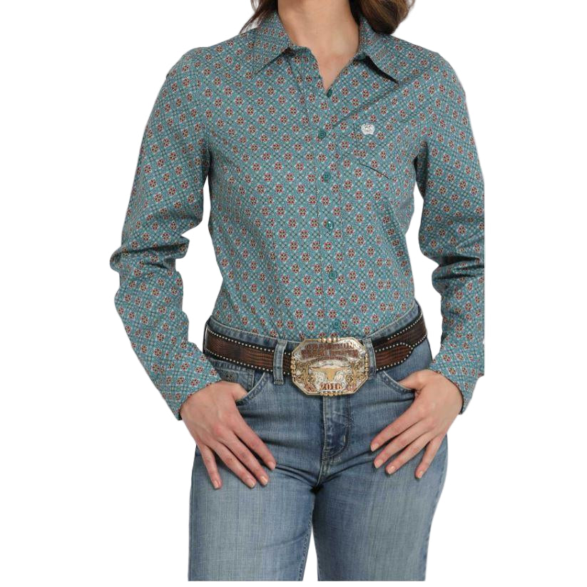 Cinch Women's Long Sleeve Print Shirt- Blue