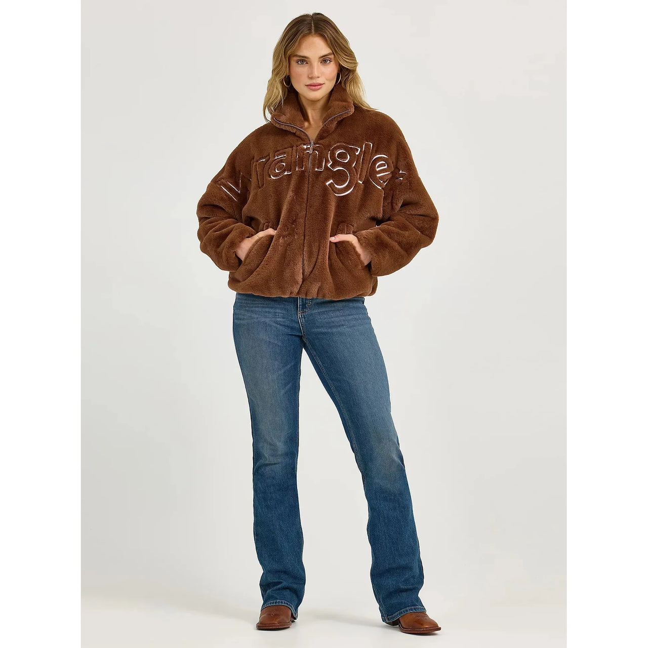 Wrangler Women's Fuzzy Zip Up Logo Jacket- Teddy Brown