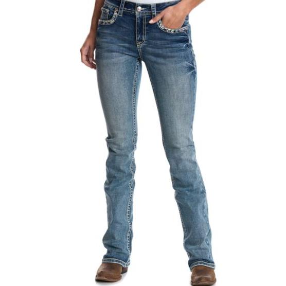 Grace in LA Women's Aztec Boot Cut Jeans- Light Wash