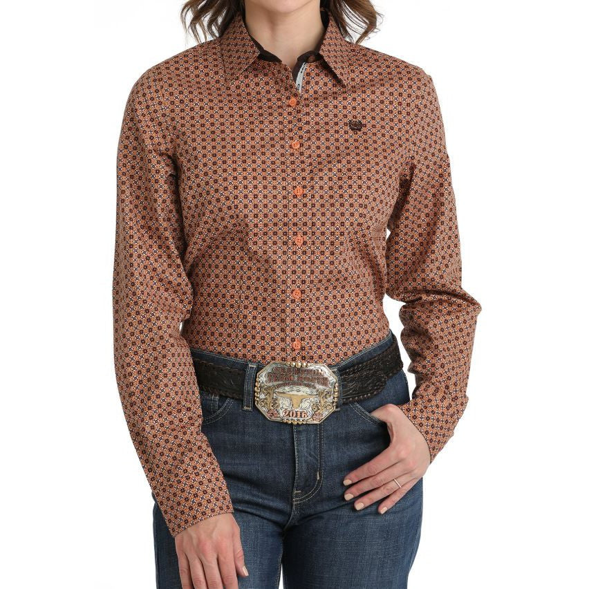 Cinch Women's Long Sleeve Geometric Print Shirt - Coral