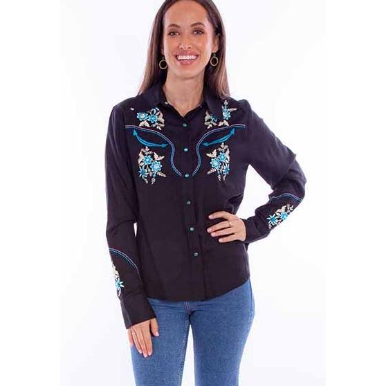 Scully Women's Long Sleeve Embroidered Western Shirt- Black
