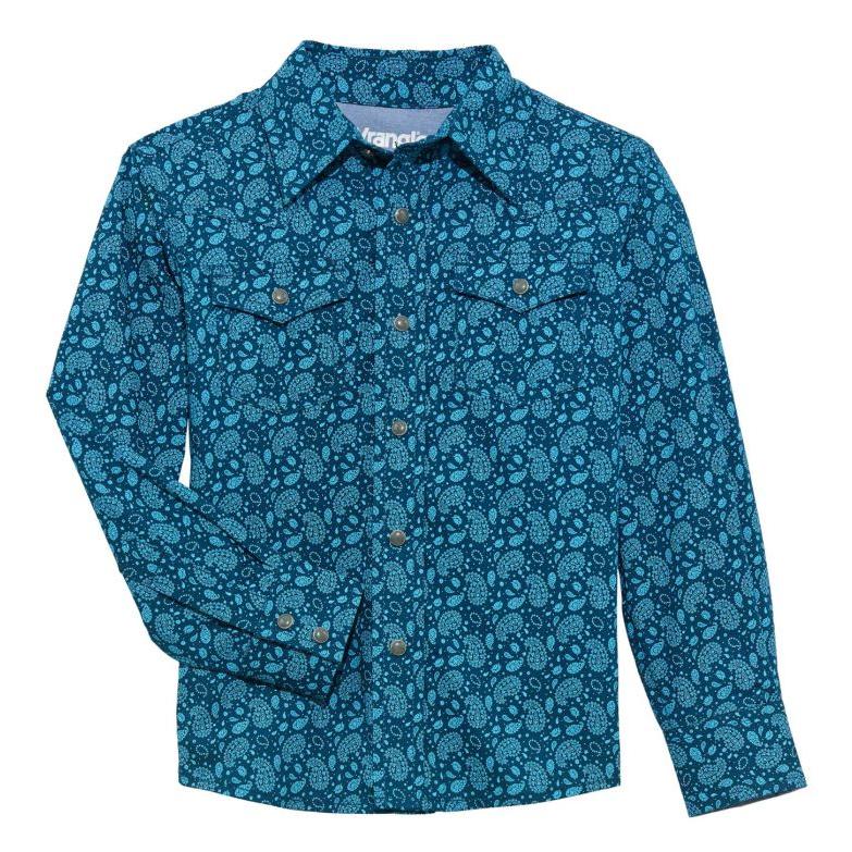 Wrangler Boy's 20X Advanced Comfort Long Sleeve Shirt- Navy/Turquoise