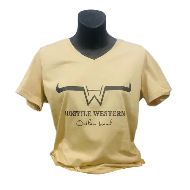 Hostile Western Women's Short Sleeve V Neck Tee Shirt- Sandstone