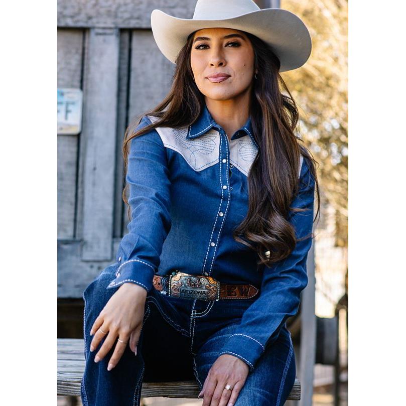 Cowgirl Tuff  Women's Long Sleeve Button Up Western Shirt- Blue