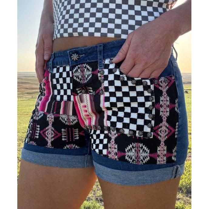 Sterling Kreek Women's Patched Up Shorts- Checked