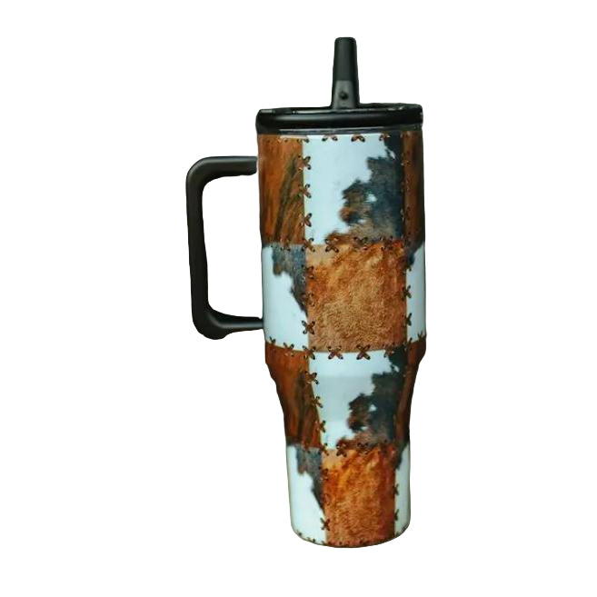 Tumblers with Handle and Flip Straw- Cowhide
