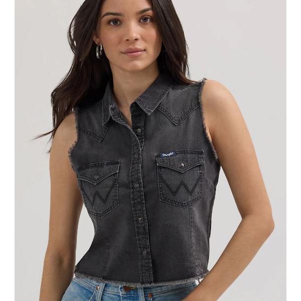 Wrangler West Women's Sleeveless Denim Snap Cut Off Crop Top- Black