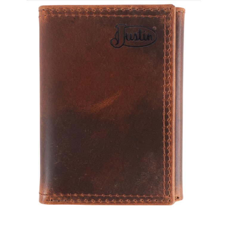Justin Genuine Leather Trifold Wallet- Oiled Brown