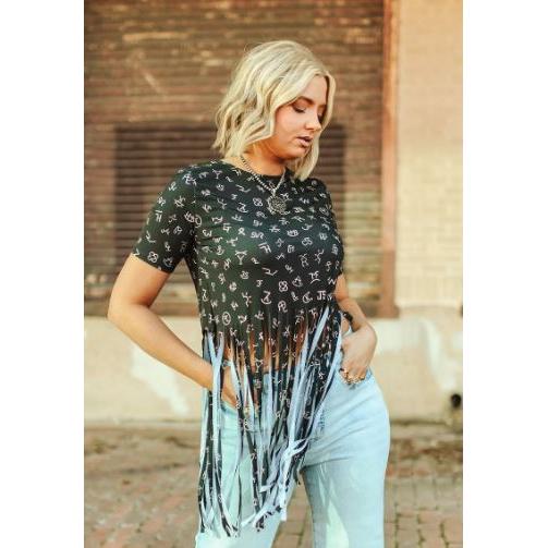 Lucky & Blessed Women's Vintage Collage Printed Fringe Hem Top- Multiple Colors