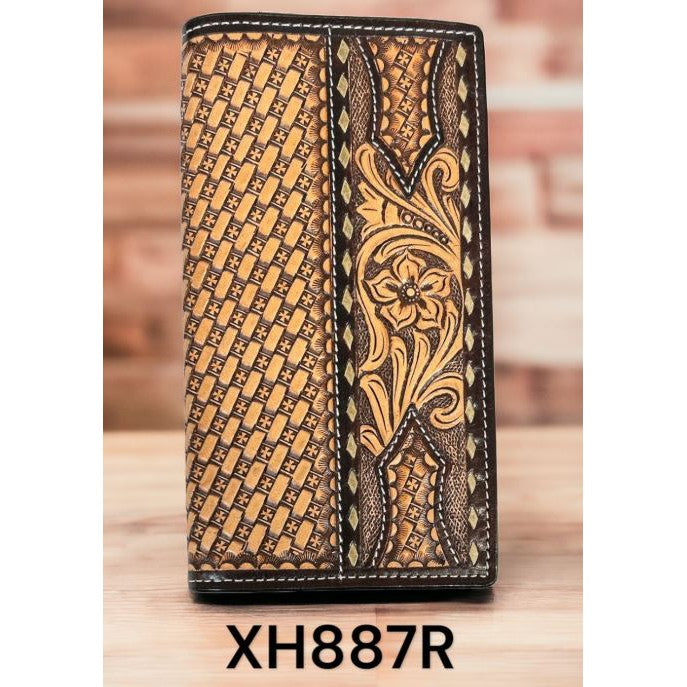 Twisted X Floral Carving with Basket Tooling Rawhide Buckstitch Rodeo Wallet - Irvine Tack & Western Wear