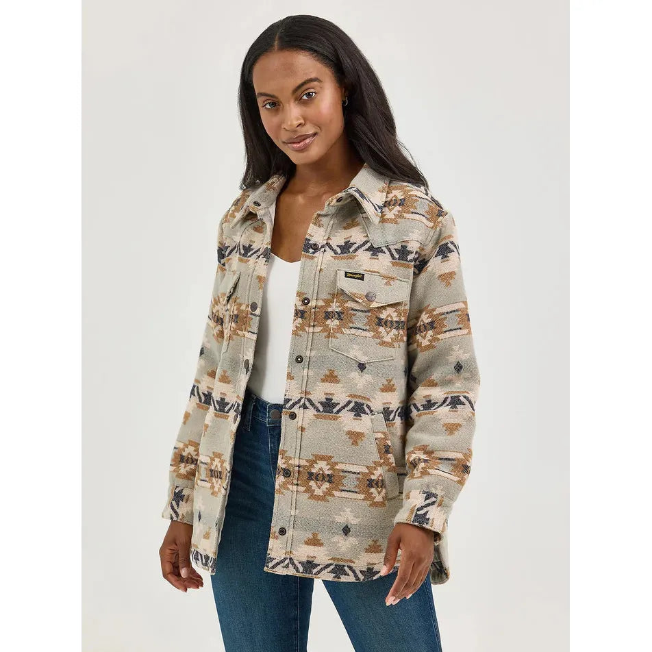 Wrangler Women's Retro Long Sleeve Aztec Quilt Line Jacquard Shacket- Pale Green