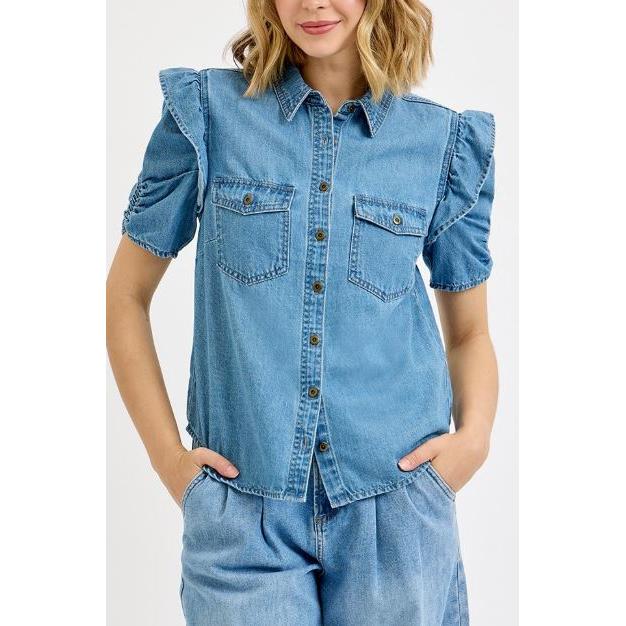 Risen Women's Short Sleeve Ruffled Detailed Puff Sleeve Debun Shirt- Medium Wash