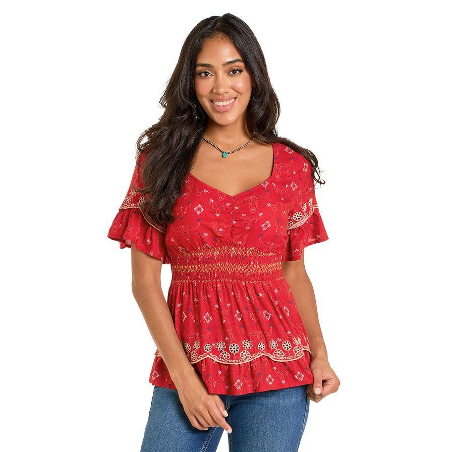 Panhandle Women's Slim Challis Blouse- Red