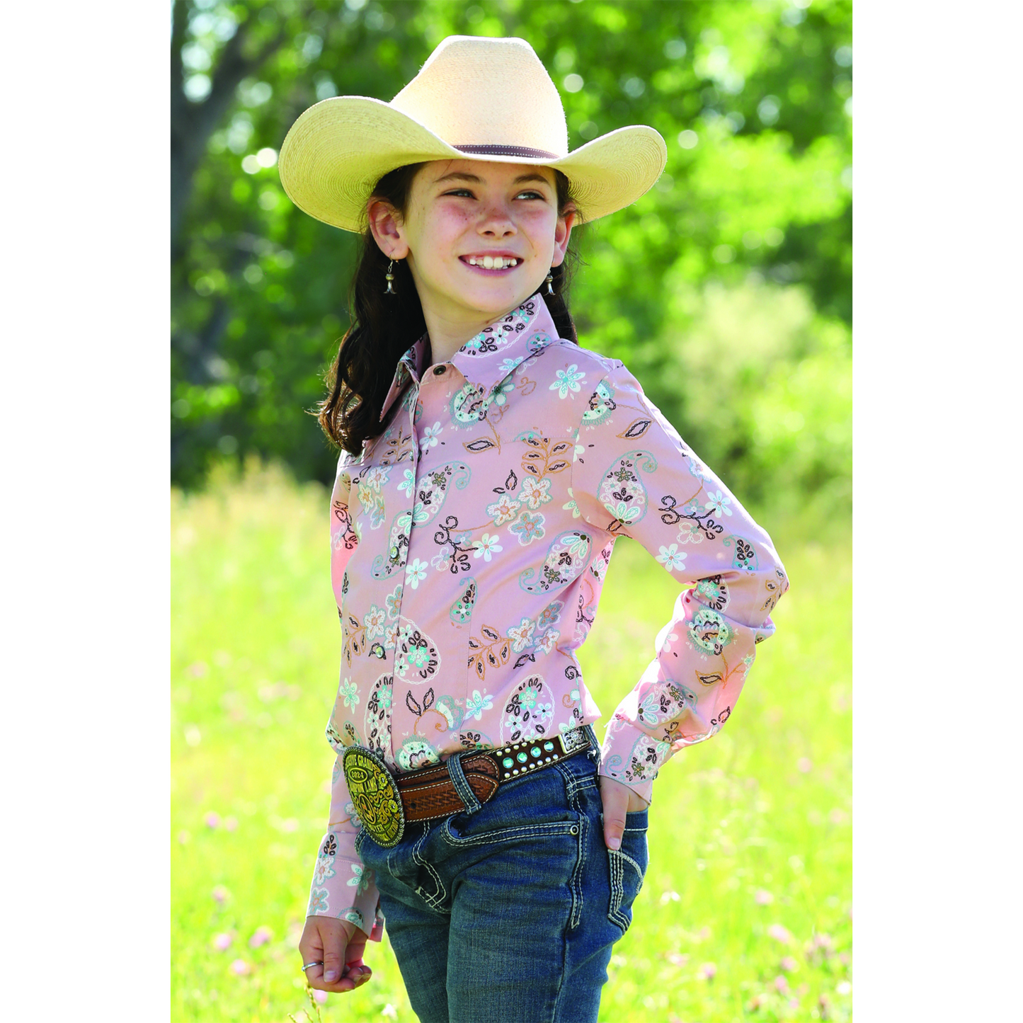 Cinch Girls Flower Print Long Sleeve Shirt- Pink