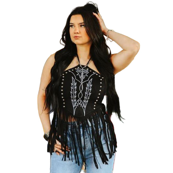 Lucky & Blessed Women's Suede Halter Fringed Top- Black