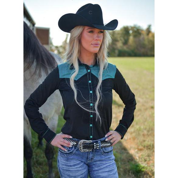 Cowgirl Tuff  Button Up Western Shirt with Turquoise Accents- Black