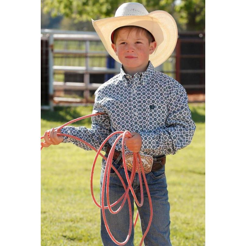 Cinch Boys Long Sleeve Medallion Print Shirt- Cream