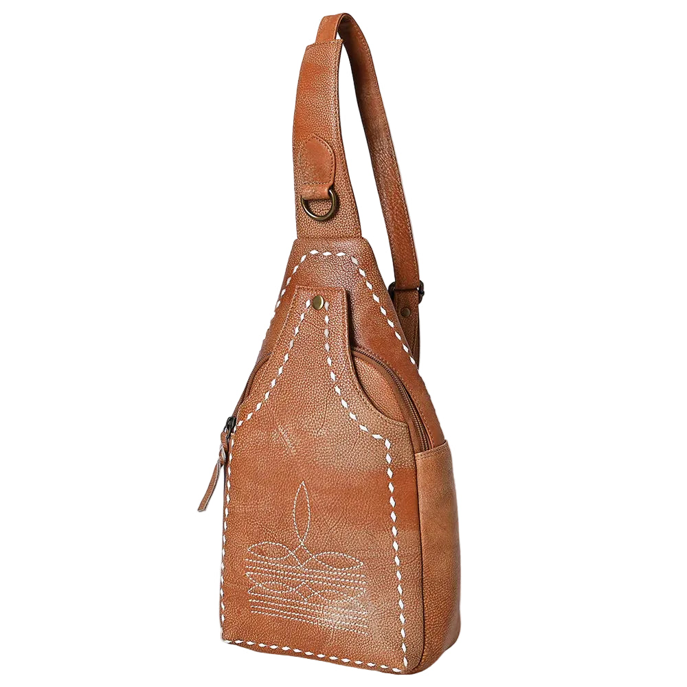 American Darling Leather Crossbody Sling Bag with White Stitching- Brown - Irvine Tack & Western Wear