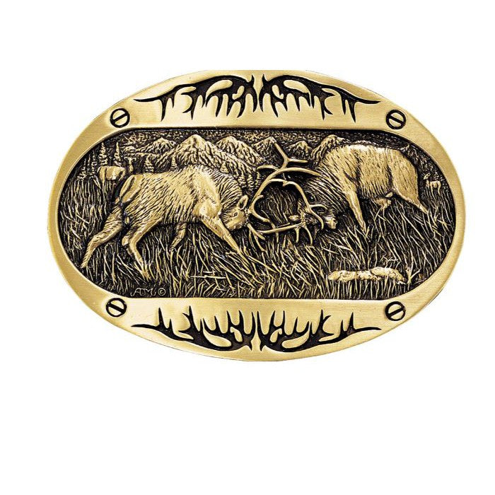 Montana Silversmiths Attitude Fighting Elk Brass Heritage Buckle