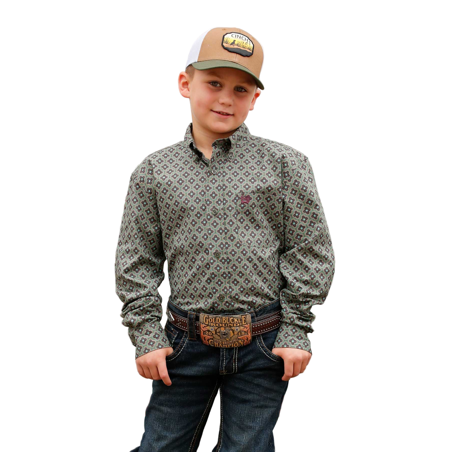 Cinch Boy's Long Sleeve Print Shirt - Olive