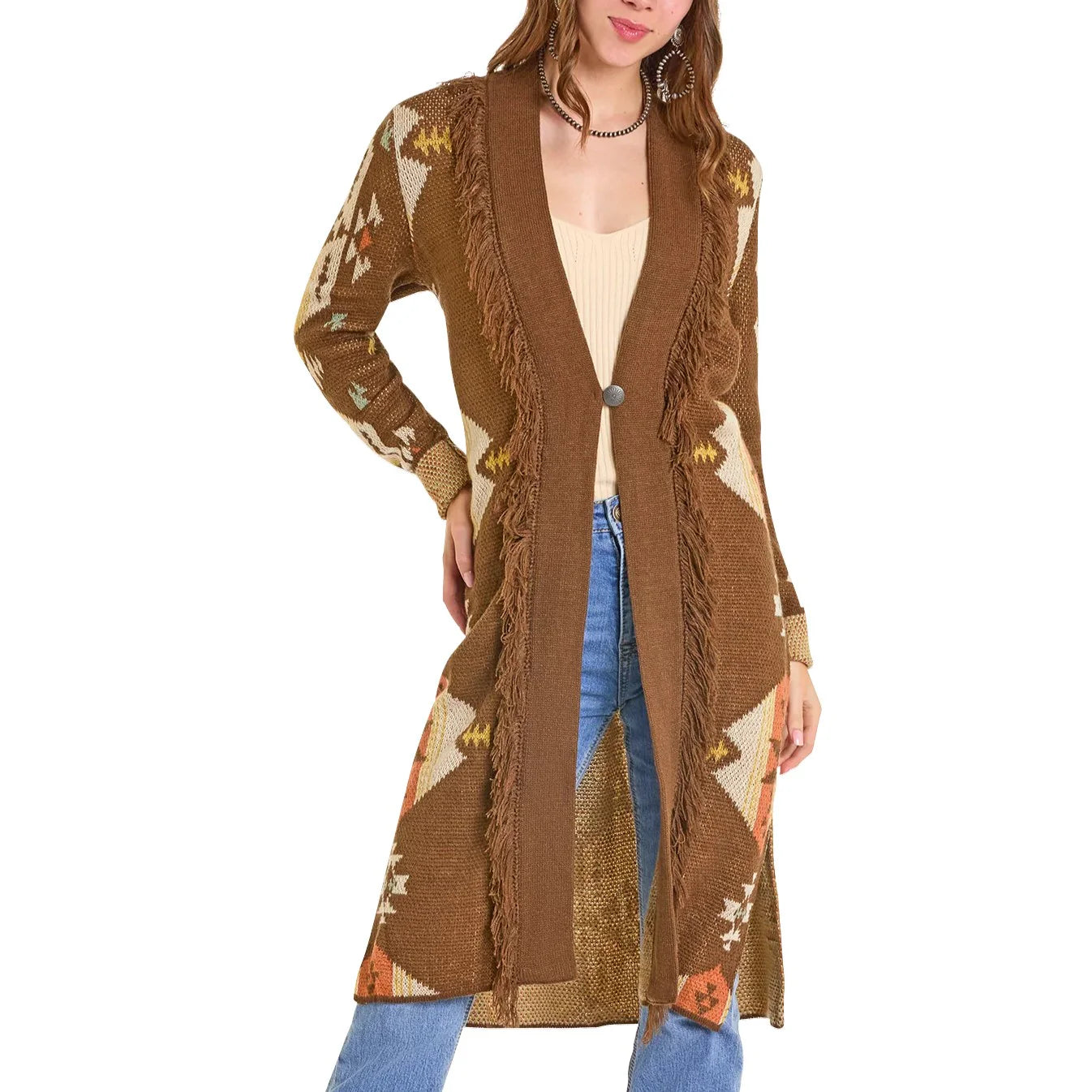 Rock & Roll Women's Long Sleeve Aztec Fringe Duster- Brown