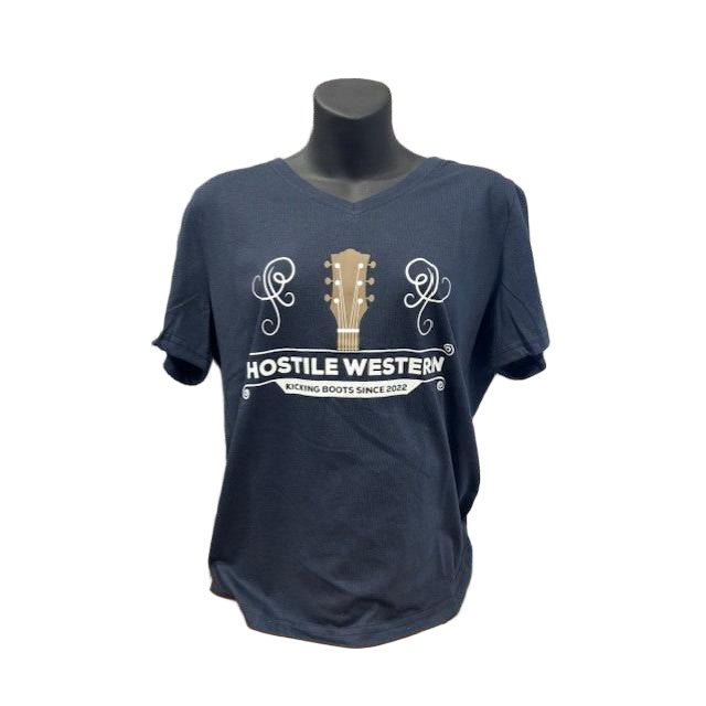 Hostile Western Women's Short Sleeve V Neck Tee Shirt - Blue