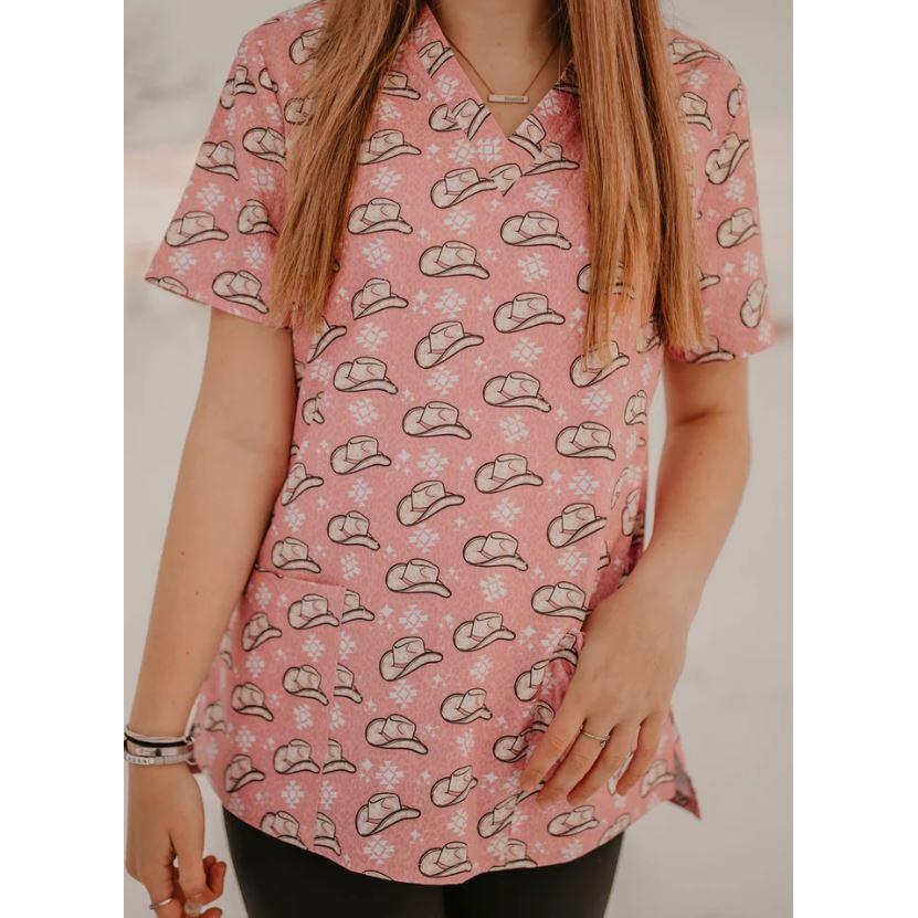 Spurrin' Scrubs Pink Cowboy Hat Scrub Top