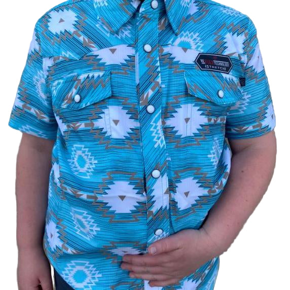Rock & Roll Boy's Short Sleeve Aztec Print Tek Snap Shirt - Turquoise