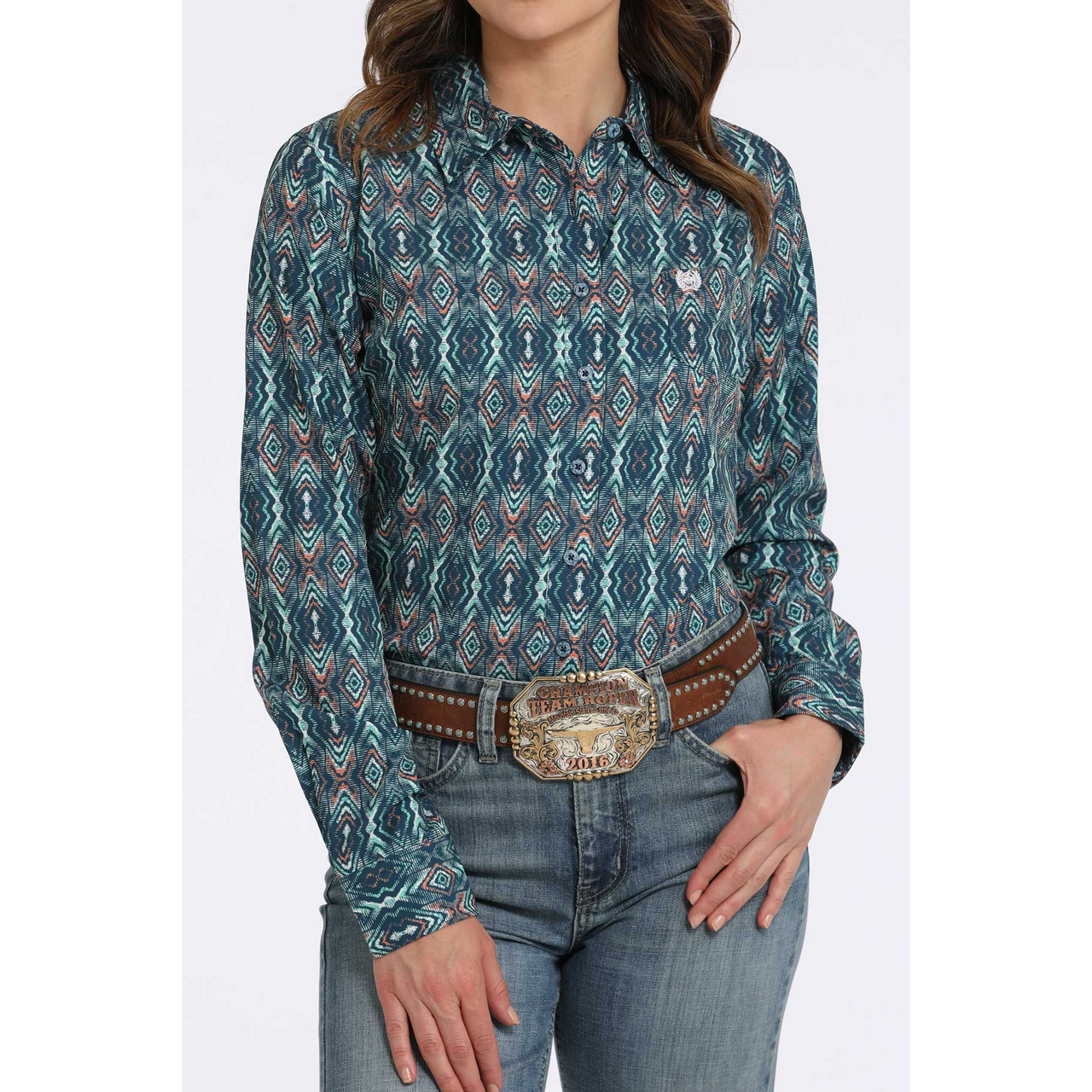 Cinch Women's Long Sleeve Geometric Print Arenaflex Shirt- Navy